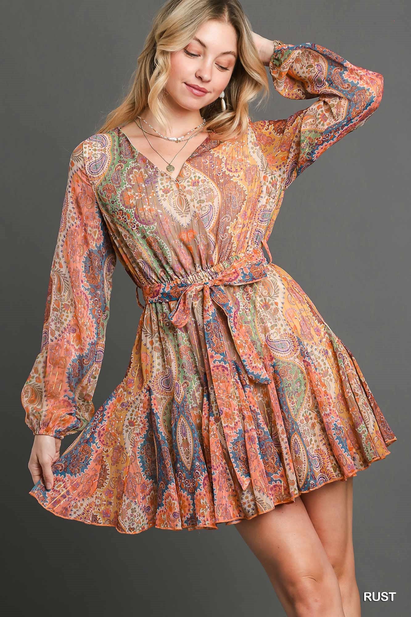 metallic rust dress Metallic V Neck Belted Dress – Whimsical Willow Boutique & Spa