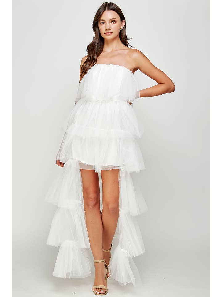 high low layered tulle dress Lola Strapless Tulle Tiered High-Low Gown  Morphine Fashion