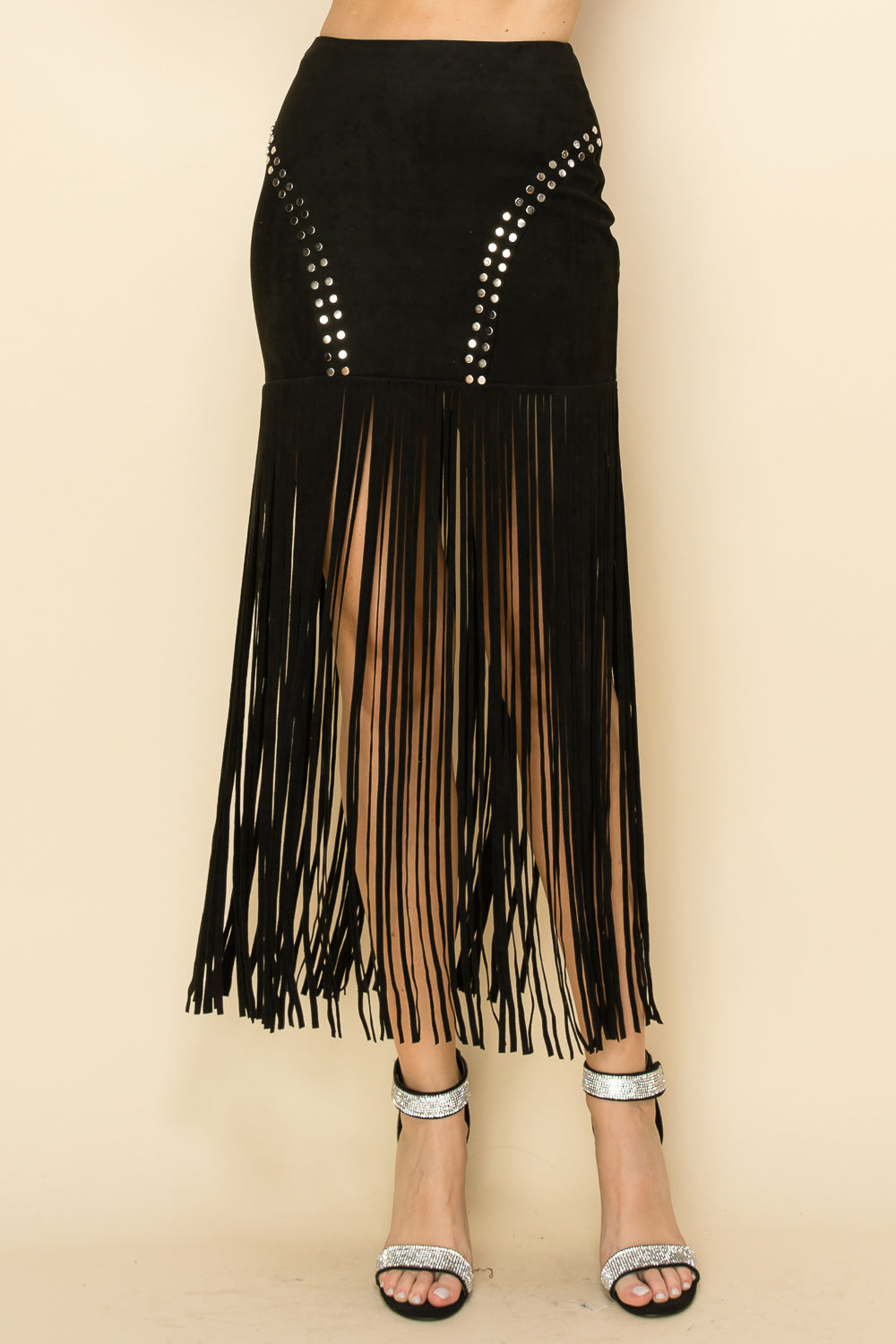 Stud Detail Fringe Maxi Skirt