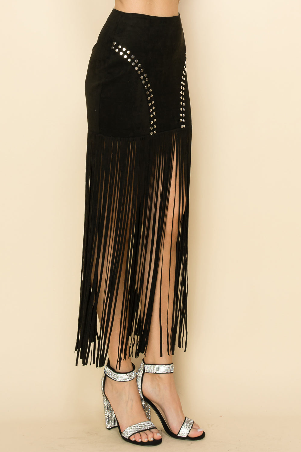 Stud Detail Fringe Maxi Skirt