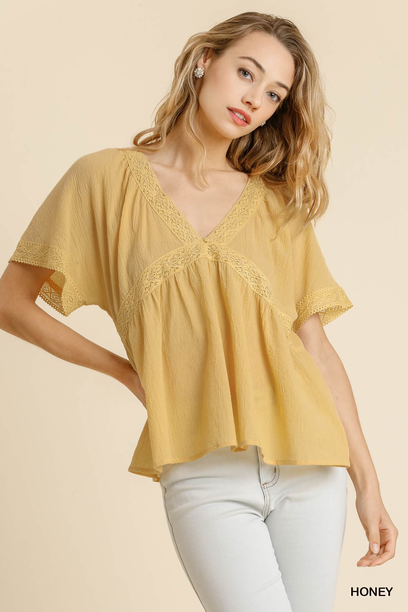 Lace Trim V Neck Blouse