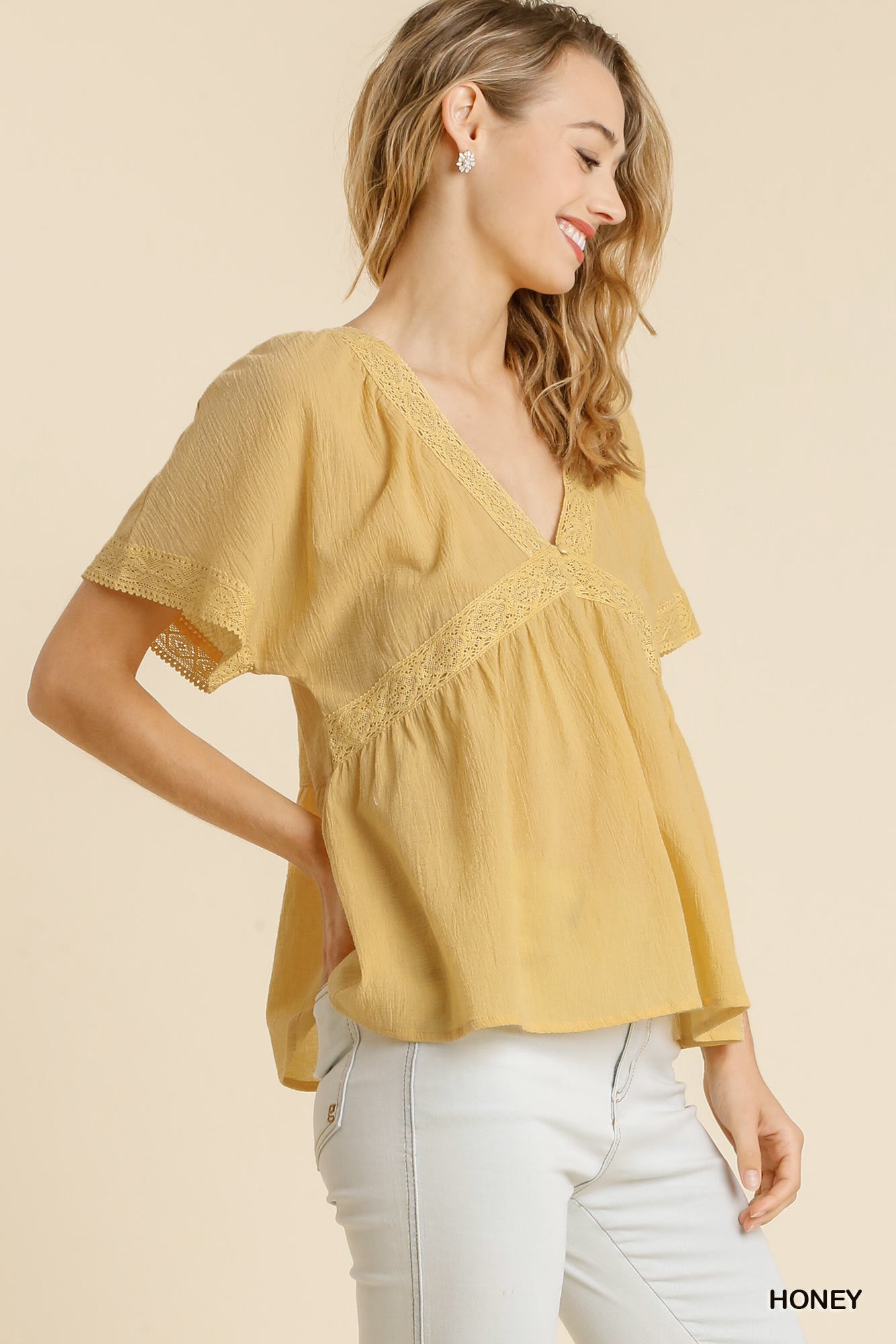 Lace Trim V Neck Blouse