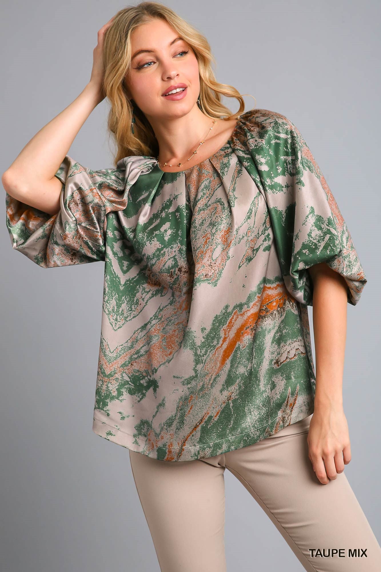 Satin Marble Balloon Sleeve Blouse