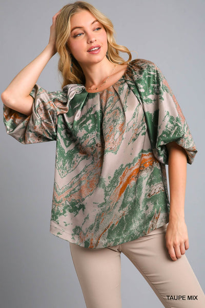 Satin Marble Balloon Sleeve Blouse