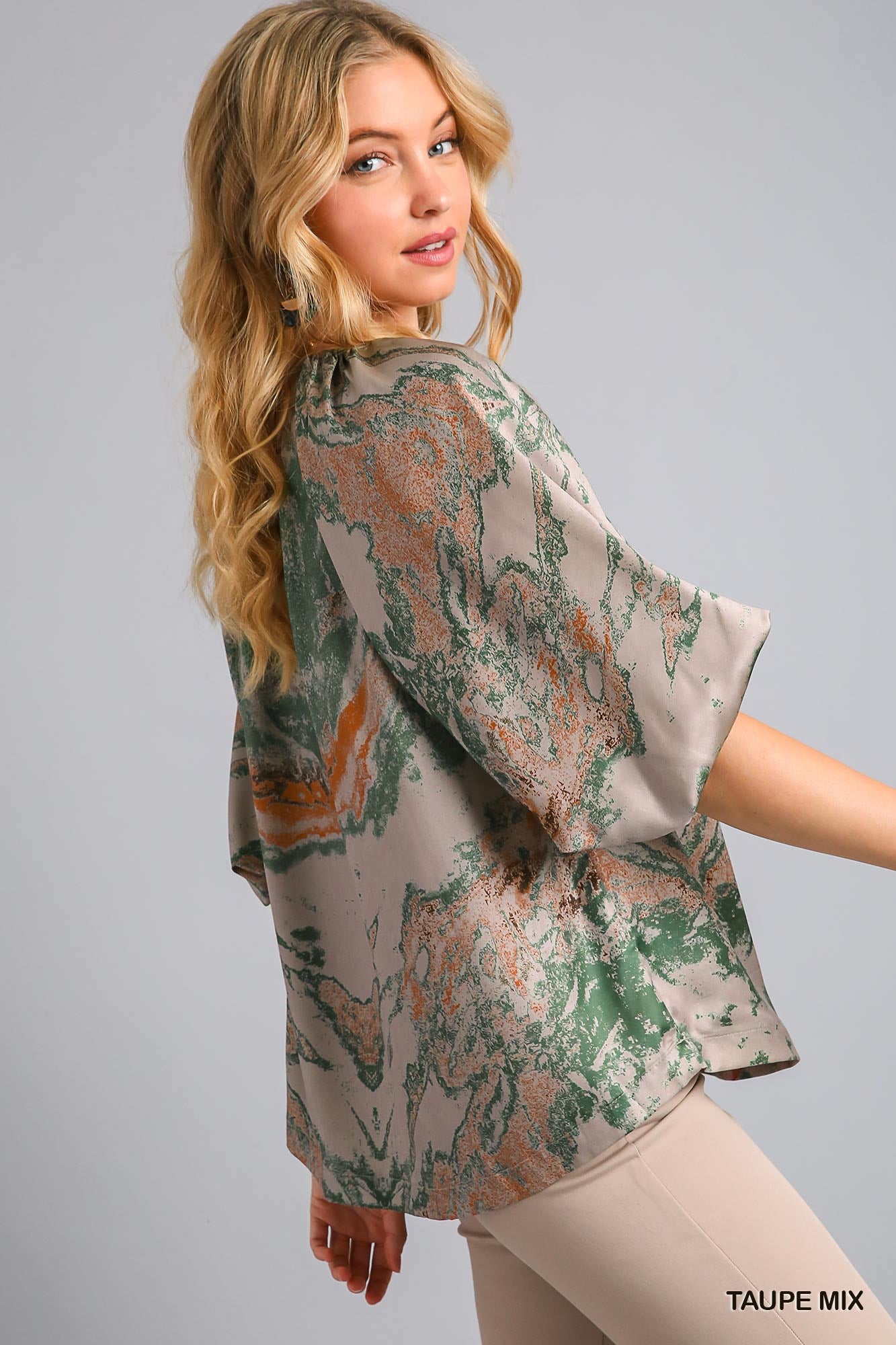 Satin Marble Balloon Sleeve Blouse