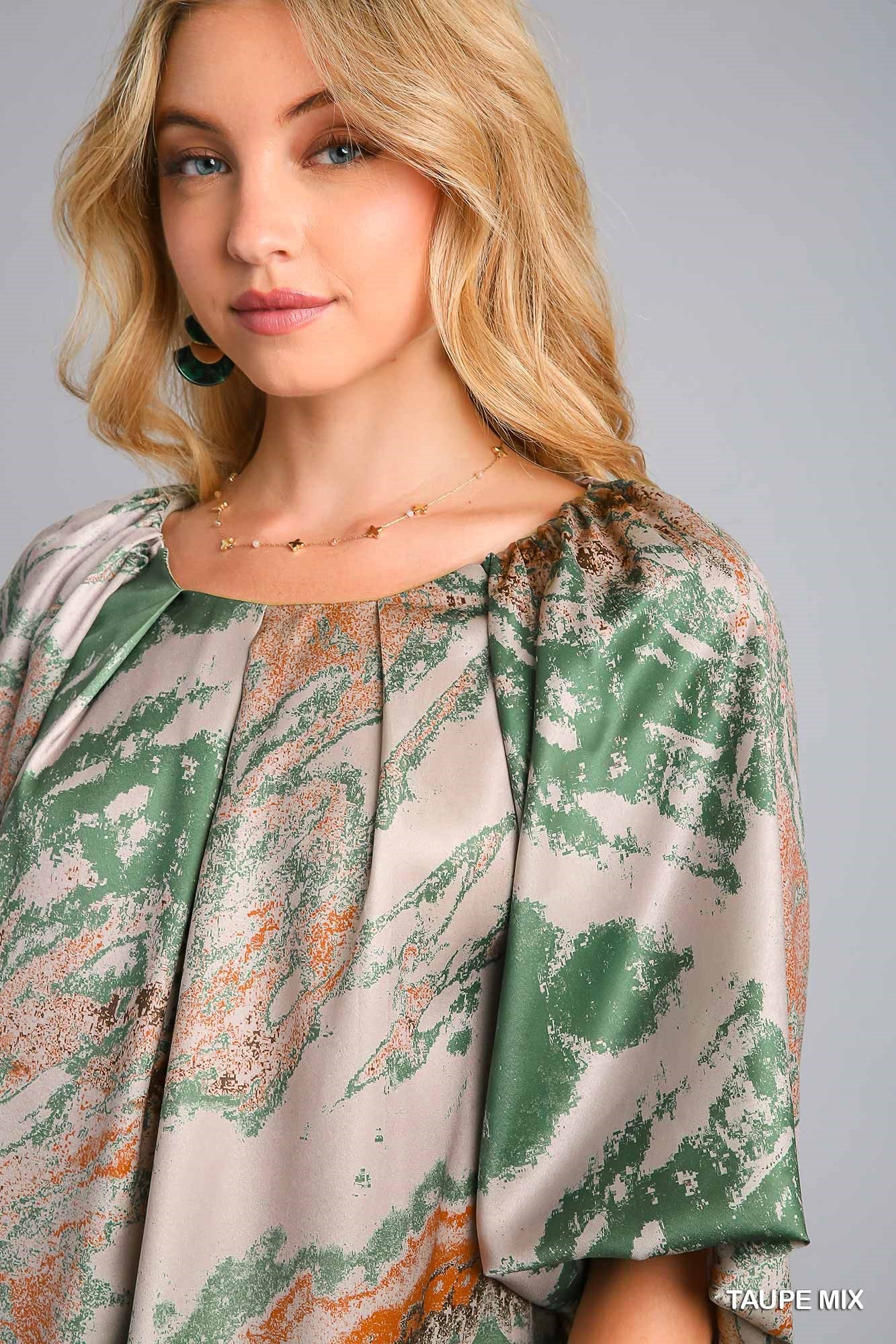 Satin Marble Balloon Sleeve Blouse