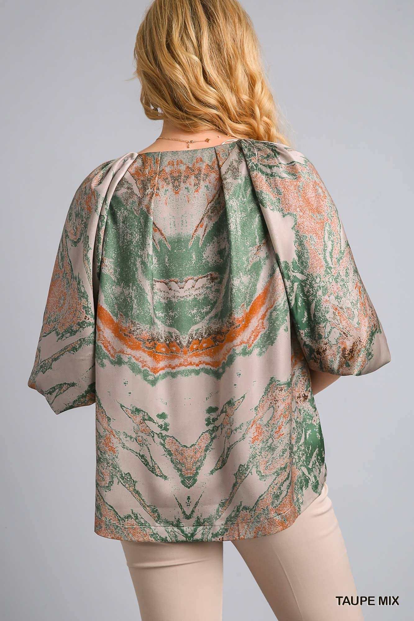 Satin Marble Balloon Sleeve Blouse