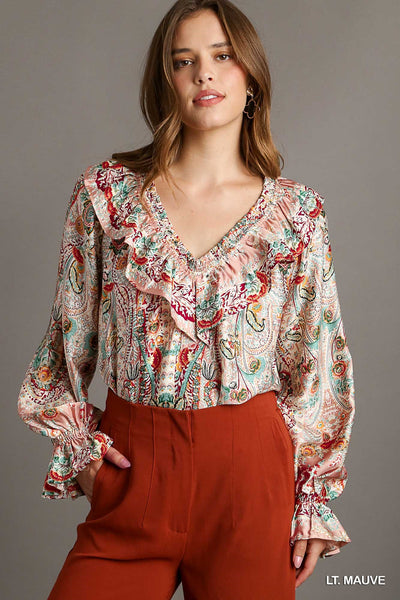 Mixed Print Ruffle Blouse