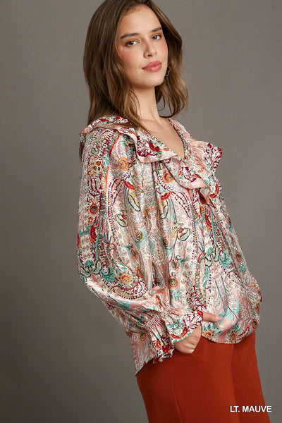 Mixed Print Ruffle Blouse