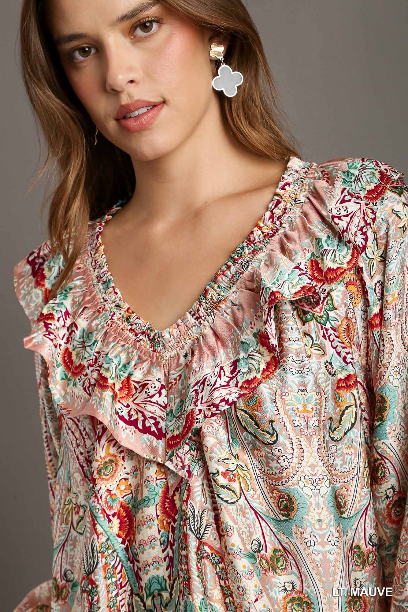 Mixed Print Ruffle Blouse