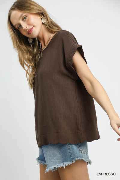Scallop Trim Linen Blouse
