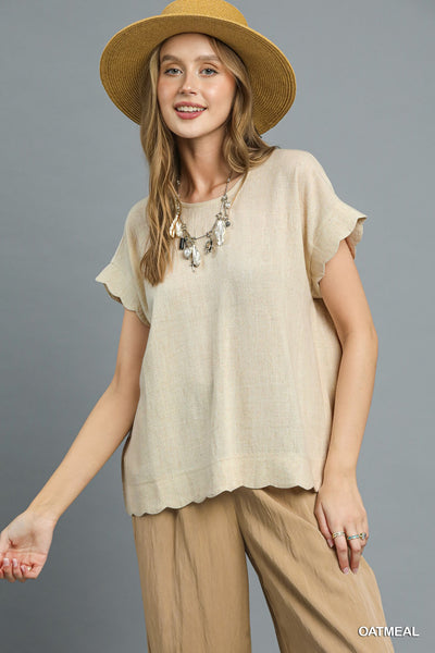 Scallop Trim Linen Blouse