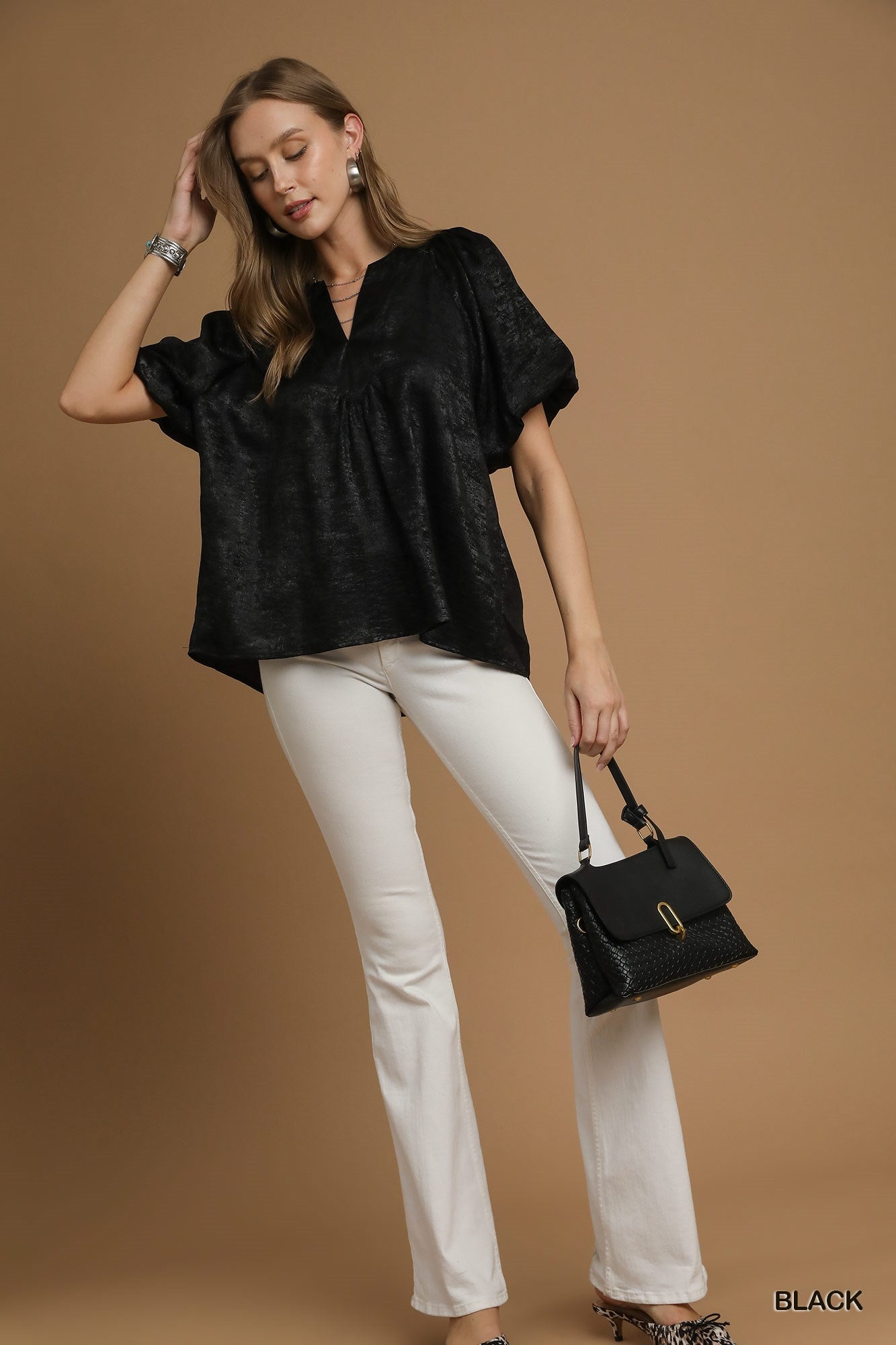 Metallic Puff Sleeve Blouse