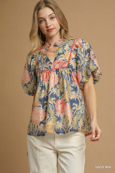 Floral Puff Sleeve Peasant Blouse