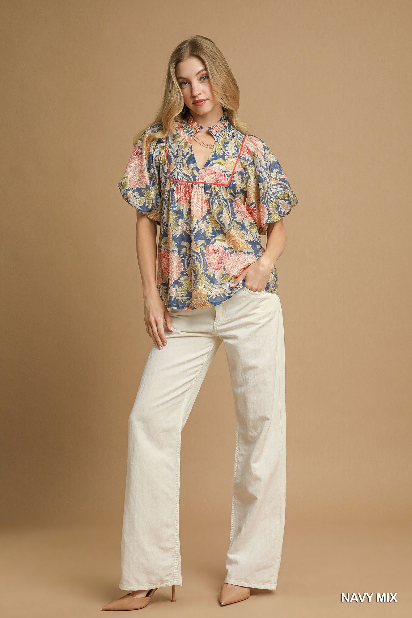 Floral Puff Sleeve Peasant Blouse