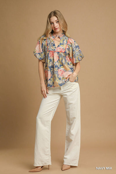 Floral Puff Sleeve Peasant Blouse
