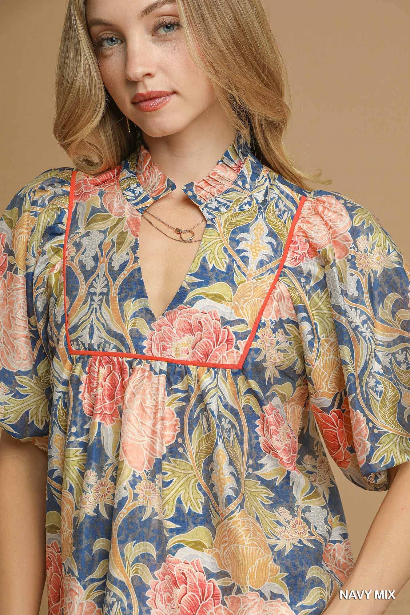 Floral Puff Sleeve Peasant Blouse