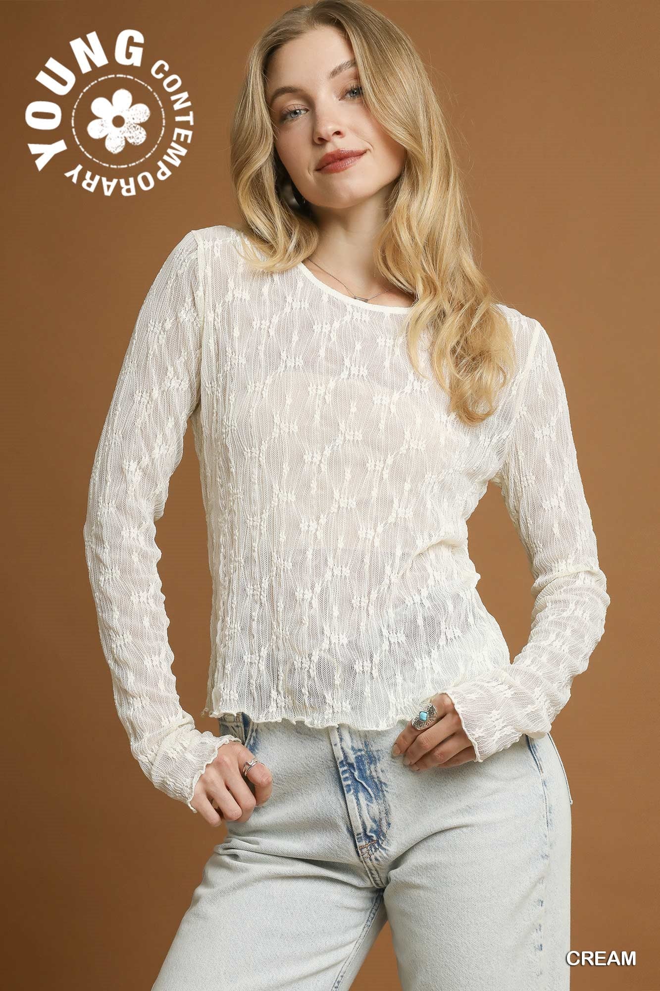 Lace Textured Long Sleeve Top