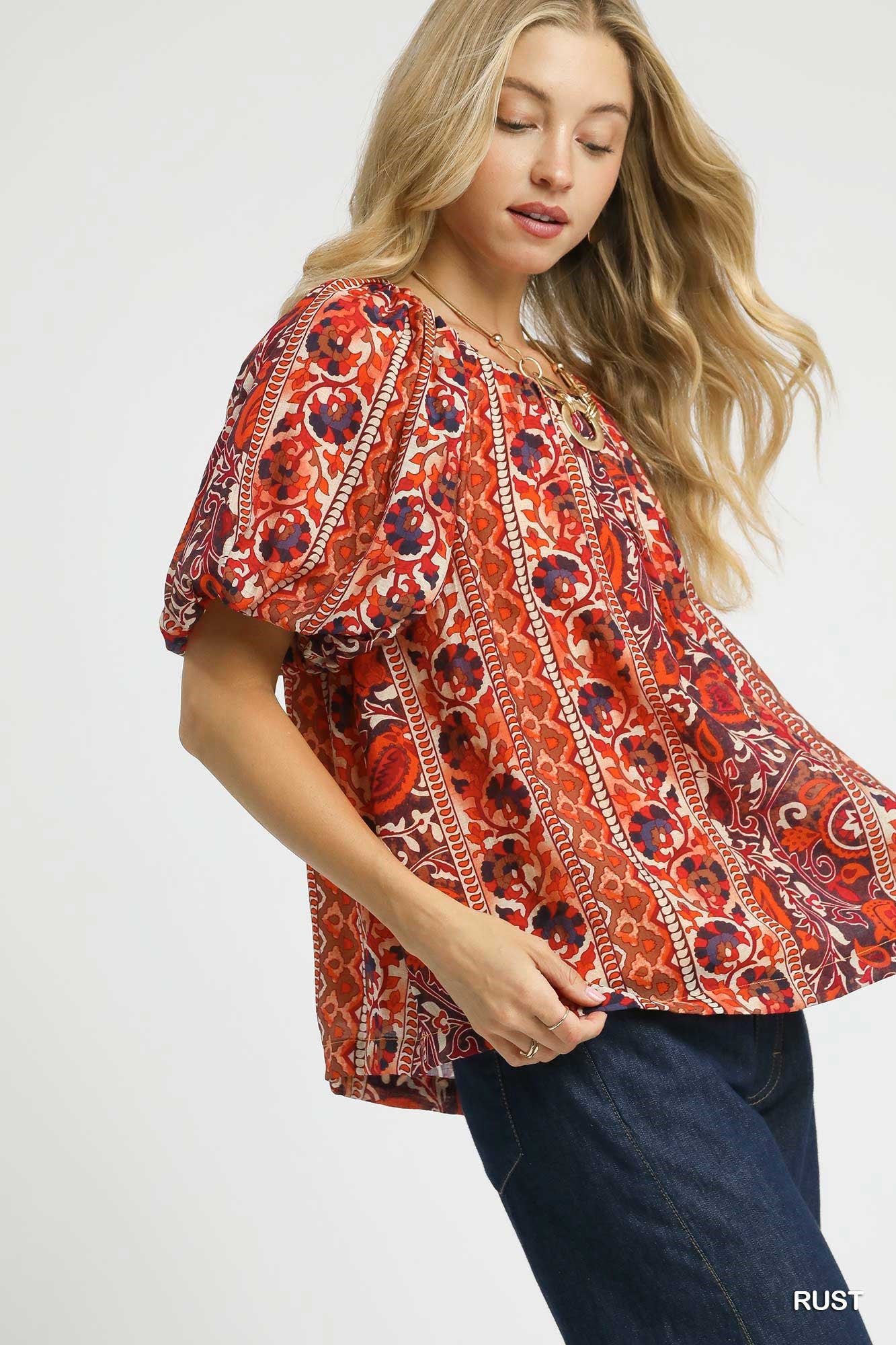 Floral Stripe Puff Sleeve Blouse