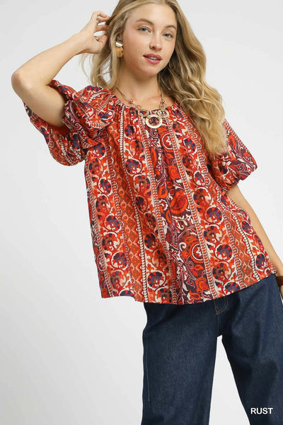 Floral Stripe Puff Sleeve Blouse