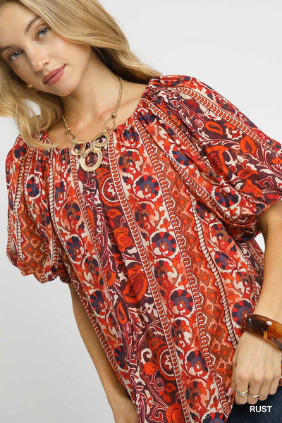 Floral Stripe Puff Sleeve Blouse