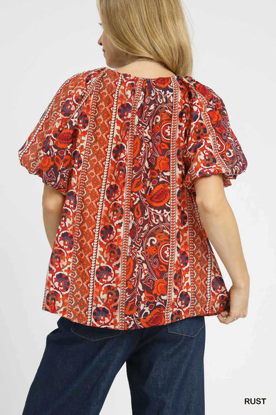 Floral Stripe Puff Sleeve Blouse