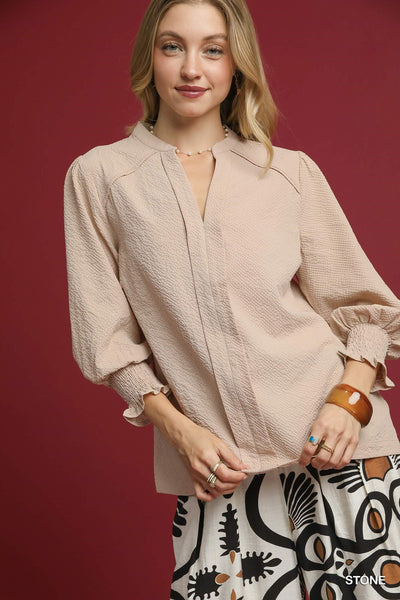Smocked V Neck Blouse
