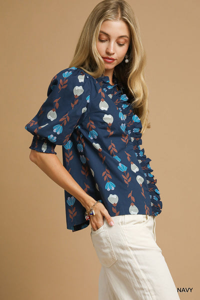 Ruffle Trim Puff Sleeve Blouse