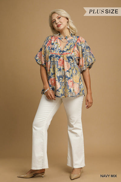 Floral Puff Sleeve Peasant Blouse