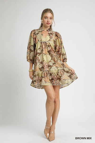 Abstract Print Puff Sleeve Mini Dress