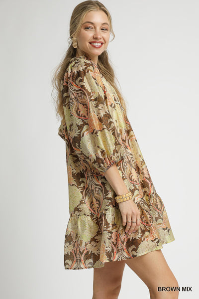 Abstract Print Puff Sleeve Mini Dress