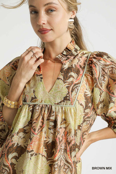 Abstract Print Puff Sleeve Mini Dress