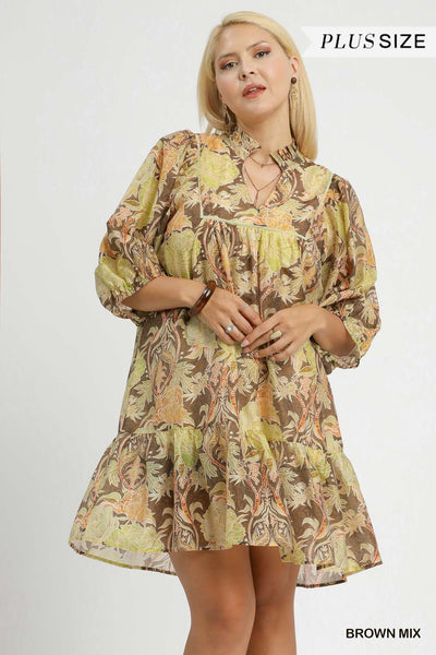 Abstract Print Puff Sleeve Mini Dress