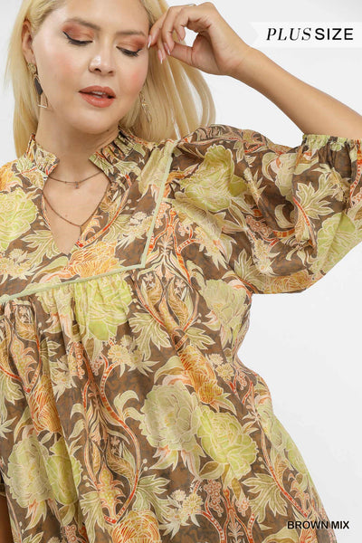 Abstract Print Puff Sleeve Mini Dress