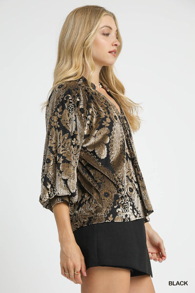 Velvet Burnout Split Neck Blouse