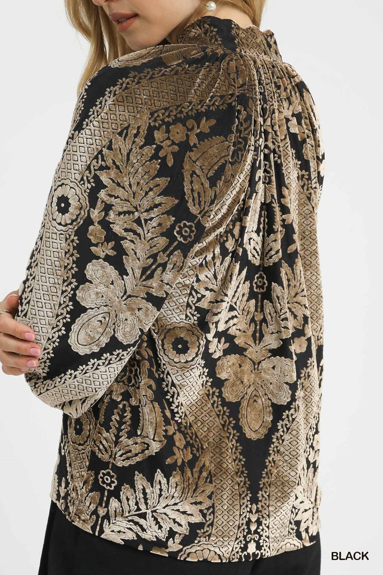 Velvet Burnout Split Neck Blouse
