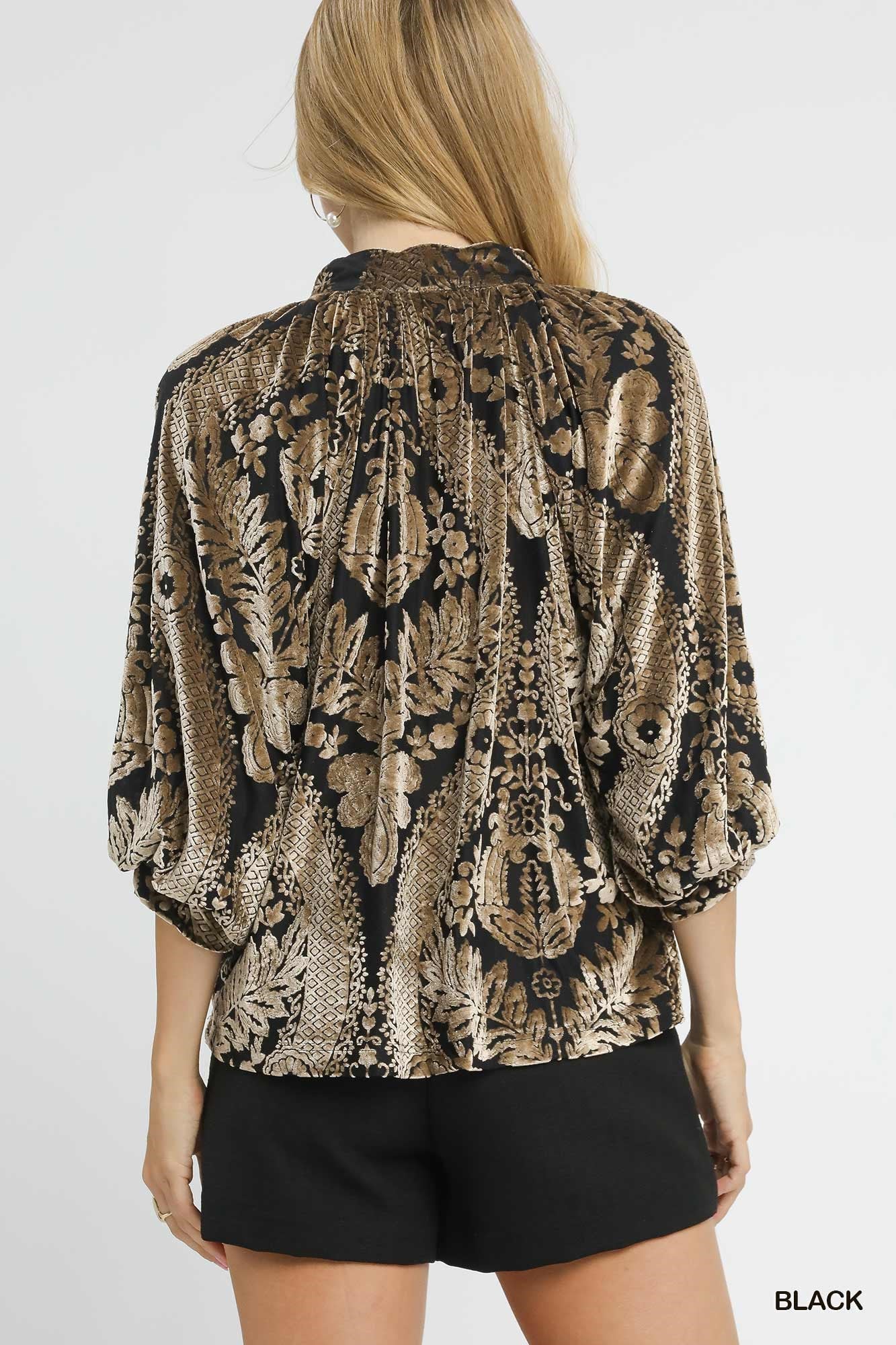 Velvet Burnout Split Neck Blouse