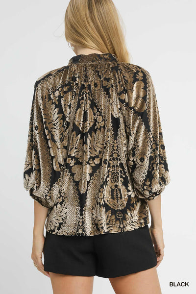 Velvet Burnout Split Neck Blouse