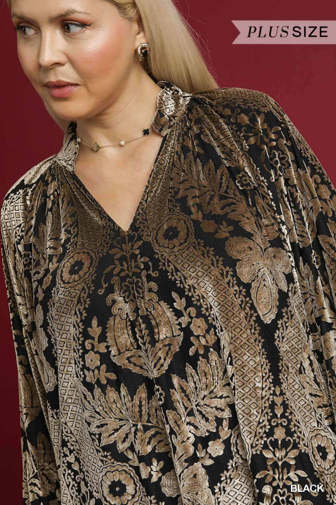 Velvet Burnout Split Neck Blouse