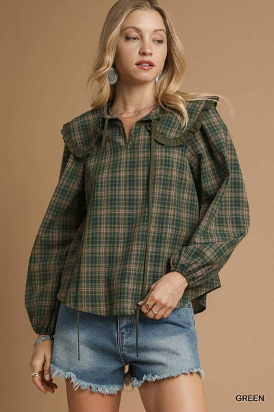 Plaid Ruffle Collar Blouse