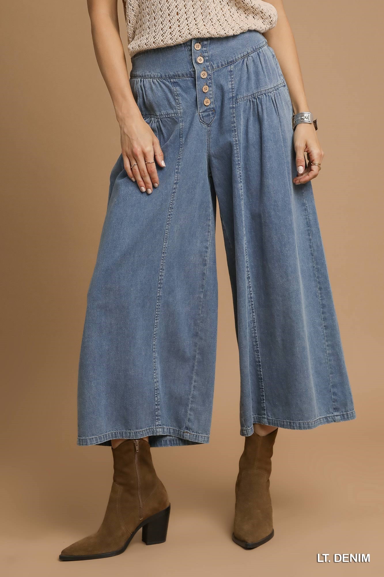 Stone Washed Wide Leg Button Fly Pant