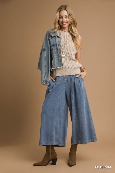 Stone Washed Wide Leg Button Fly Pant