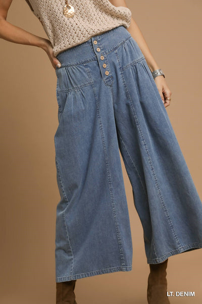 Stone Washed Wide Leg Button Fly Pant