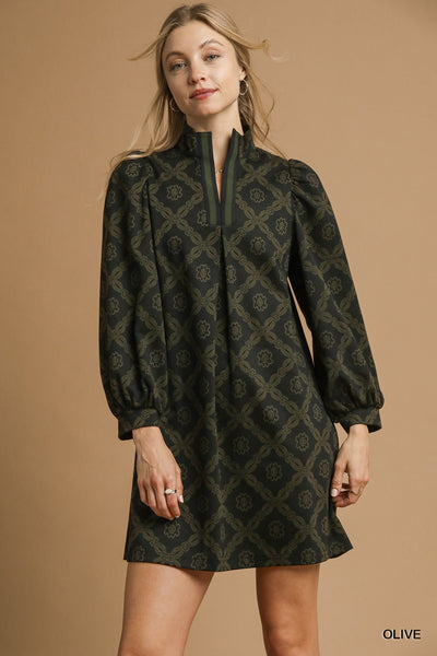 Geometric Print Long Sleeve Mini Dress