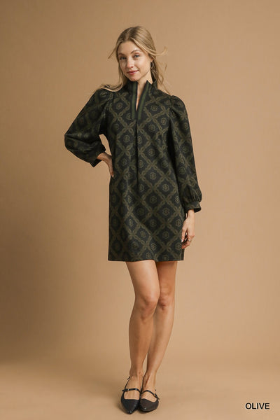 Geometric Print Long Sleeve Mini Dress