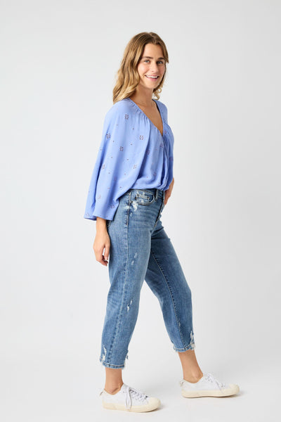 High Rise Button Fly Cropped Wide Leg Jean