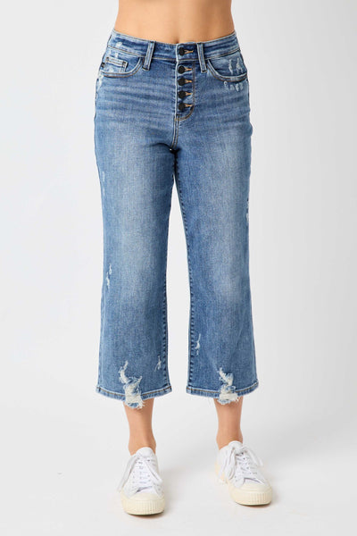 High Rise Button Fly Cropped Wide Leg Jean