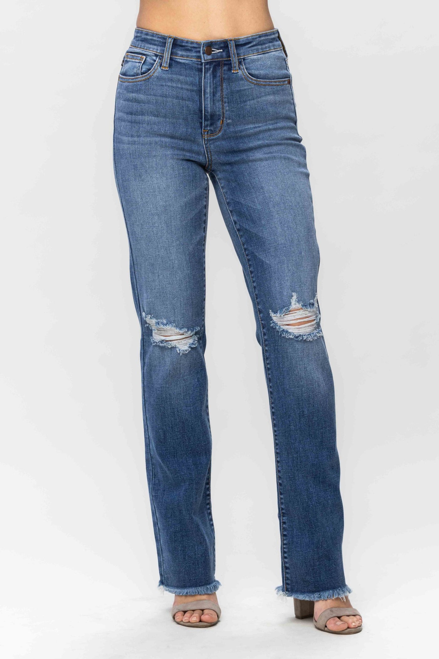 High Rise Frayed Hem Straight Leg Jeans