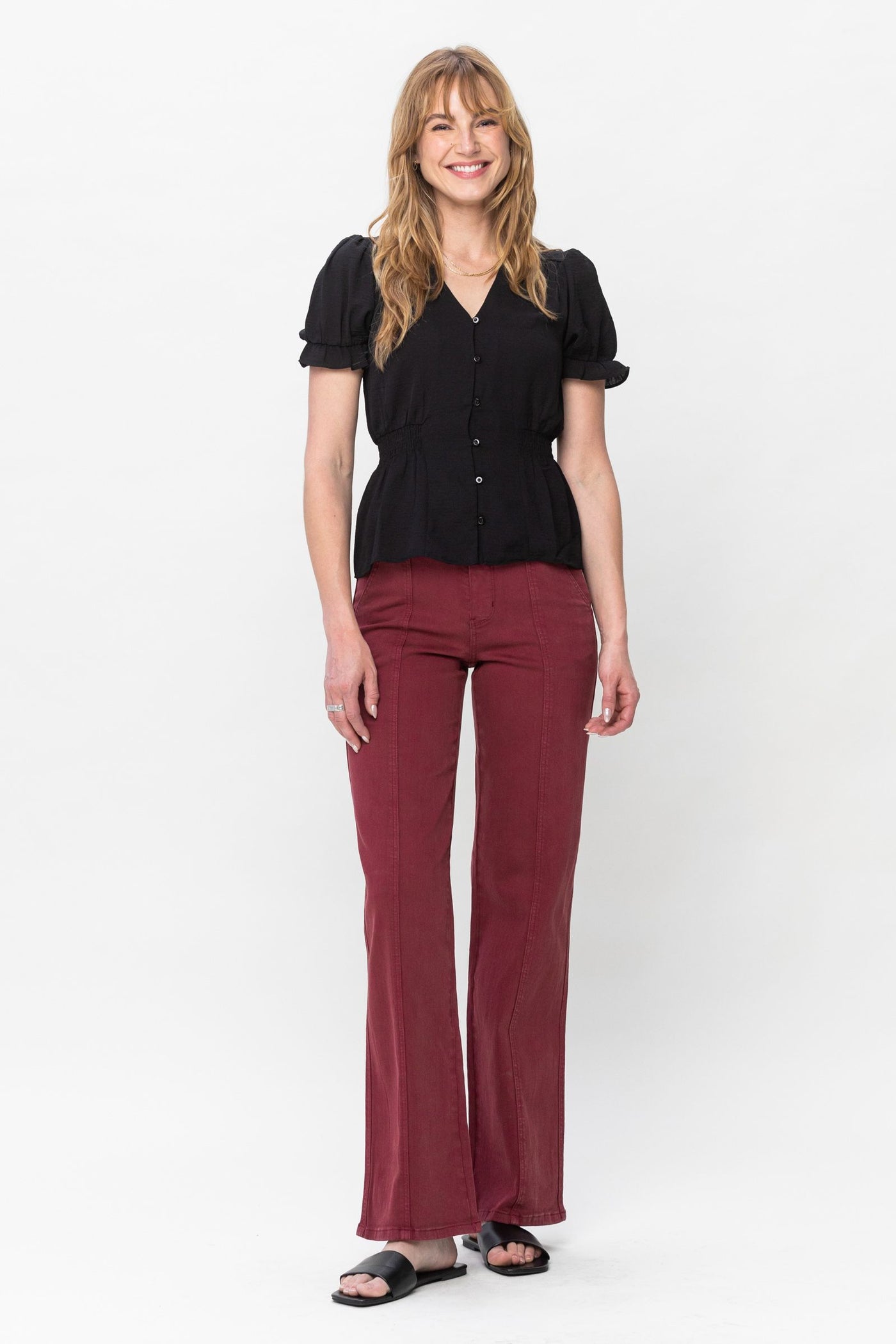 High Waist Burgundy Front Seam Straight Leg Jean