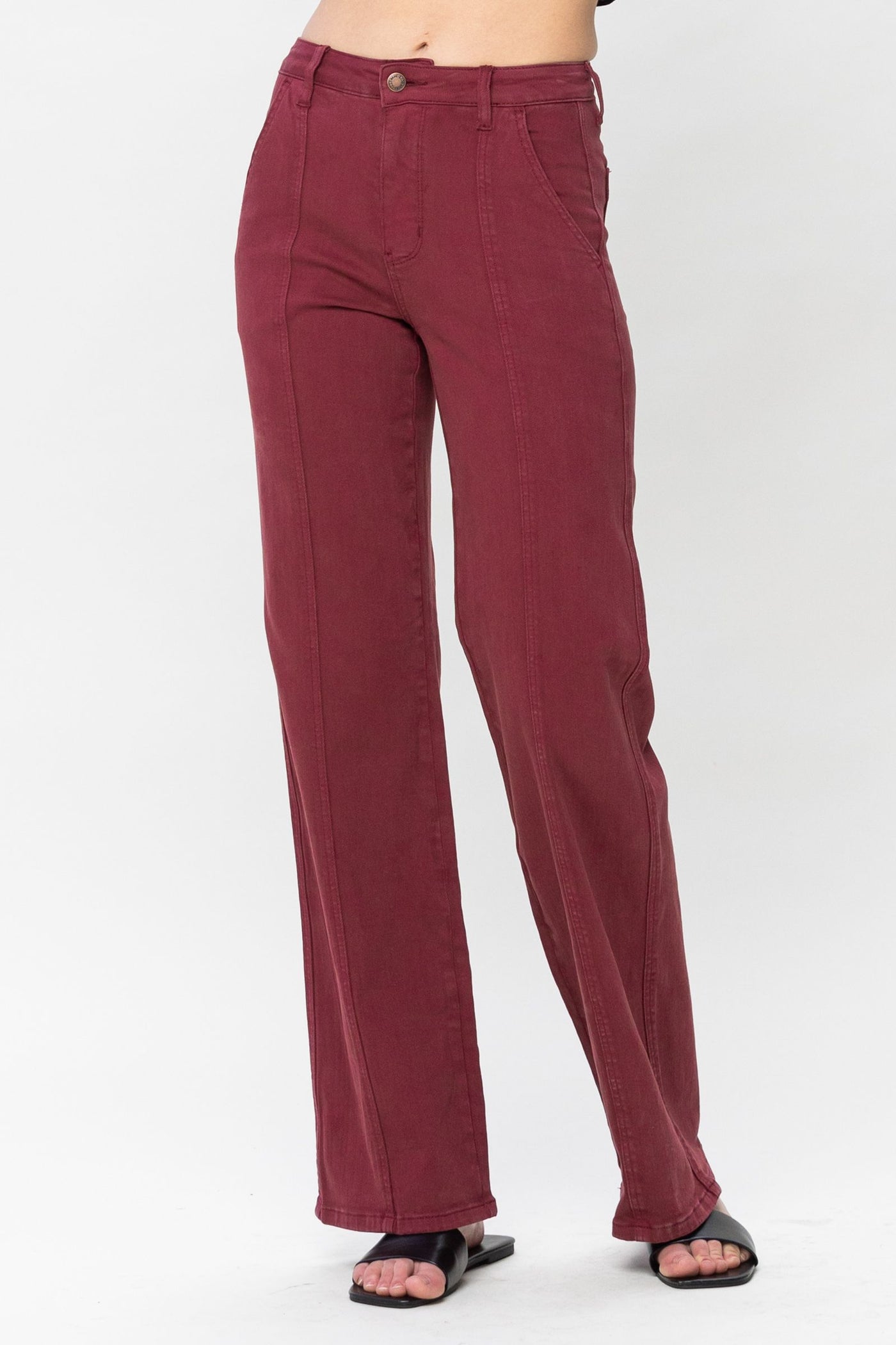 High Waist Burgundy Front Seam Straight Leg Jean